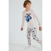 Defacto I1179A8BG114 Bej Uzun Kollu Baskılı Pijama Üstü Esnek Belli Desenli Uzun Pijama Altı 2li Pijama Takımı Erkek Çocuk