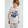 Defacto I1179A8BG114 Bej Uzun Kollu Baskılı Pijama Üstü Esnek Belli Desenli Uzun Pijama Altı 2li Pijama Takımı Erkek Çocuk