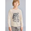 Defacto H6686A8BG286 Bej Motosiklet Baskılı Ekose Regular Fit 2li Pijama Takımı Erkek Çocuk
