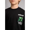 Defacto I2014A8BK81 Siyah %100 Pamuk Minecraft Lisanslı Oversıze Bisiklet Yaka Sırt Baskılı Uzun Kollu Tişört Erkek Çocuk