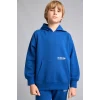 Defacto H9682A8BE842 Mavi Regular Fit Kapüşonlu Baskılı Kanguru Cepli Kalın Kumaş Sweatshirt Erkek Çocuk