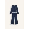 Defacto H4375AXNV241 Lacivert Regular Fit Uzun Kollu Hırka Üst Geniş Paça Alt Pijama Takımı