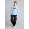 Defacto I0112A8BE523 Mavi Oversize Kapüşonlu Önü Baskılı İçi Yumuşak Tüylü Sweatshirt Erkek Çocuk