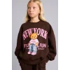 Defacto I4157A8BN267 Kahve Relax Fit Bisiklet Yaka Ayıcık Baskılı Sweatshirt Kız Çocuk