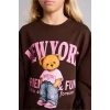 Defacto I4157A8BN267 Kahve Relax Fit Bisiklet Yaka Ayıcık Baskılı Sweatshirt Kız Çocuk