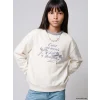 LCW Kids Ekru Bisiklet Yaka Nakışlı Kız Çocuk Kalın Sweatshirt