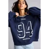 Defacto I0201AXNV241 Lacivert Oversize V Yaka Çizgili Yaka Detaylı Baskılı Sweatshirt