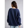 Defacto I0201AXNV241 Lacivert Oversize V Yaka Çizgili Yaka Detaylı Baskılı Sweatshirt