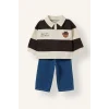 Defacto I3307A5BG734 Bej %100 Pamuk Çizgili Polo Yaka Ayı Desenli Sweatshirt ve Pantolon 2li Takım Erkek Bebek