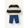 Defacto I3307A5BG734 Bej %100 Pamuk Çizgili Polo Yaka Ayı Desenli Sweatshirt ve Pantolon 2li Takım Erkek Bebek