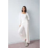 Defacto H8810AXER98 Ekru Regular Fit Desenli Düğmeli Uzun Kollu Pijama Takımı