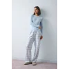 Defacto H8812AXBE343 Mavi %100 Pamuk Slım Fıt Uzun Kollu Baskılı Üst Kareli Alt Ribana Pijama Takımı