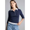 Defacto I2637AXNV245 Lacivert Slim Fit Kontrast Polo Yaka Ribana Uzun Kollu Basic Tişört