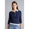 Defacto I2637AXNV245 Lacivert Slim Fit Kontrast Polo Yaka Ribana Uzun Kollu Basic Tişört