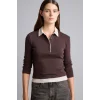 Defacto I2637AXBN340 Kahve Slim Fit Kontrast Polo Yaka Ribana Uzun Kollu Basic Tişört