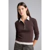 Defacto I2637AXBN340 Kahve Slim Fit Kontrast Polo Yaka Ribana Uzun Kollu Basic Tişört