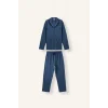 Defacto I2466AXNV164 Lacivert %100 Pamuk Regular Fit Mikro Desenli Uzun Kollu 2li Pijama Takımı
