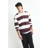 Defacto F0857AXBR150 Bordo Boxy Fit Rahat Kesim Polo Yaka Düğmeli Çizgili Sweatshirt