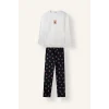Defacto I3176AXER98 Ekru %100 Pamuk Regular Fit Baskılı Uzun Kollu 2li Pijama Takımı