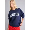 Defacto I6356AXNV241 Lacivert %100 Pamuk Oversize Bisiklet Yaka Boston Baskılı Sweatshirt