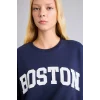 Defacto I6356AXNV241 Lacivert %100 Pamuk Oversize Bisiklet Yaka Boston Baskılı Sweatshirt