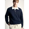 Defacto I3625AXNV64 Lacivert %100 Pamuk Relaxed Fit Kontrast Polo Yaka Cepli İnce Basic Sweatshirt