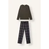 Defacto I2975AXKH148 Haki New Regular Fit V Yaka Uzun Kollu Ekose 2li Pijama Takımı