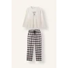 Defacto H9920AXER238 Ekru %100 Pamuk Baskılı Ekoseli New Regular Fit Uzun Kollu 2li Flanel Pijama Takımı