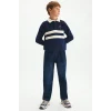 Defacto I3296A8NV31 Lacivert Oversize Polo Yaka Çizgili İçi Yumuşak Tüylü Uzun Kollu Sweatshirt Erkek Çocuk