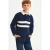 Defacto I3296A8NV31 Lacivert Oversize Polo Yaka Çizgili İçi Yumuşak Tüylü Uzun Kollu Sweatshirt Erkek Çocuk