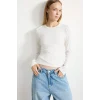 Defacto I4450AXER105 Ekru Slim Fit Bisiklet Yaka Fitilli Kaşkorse Uzun Kollu Basic Tişört