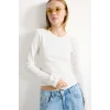 Defacto I4450AXER105 Ekru Slim Fit Bisiklet Yaka Fitilli Kaşkorse Uzun Kollu Basic Tişört