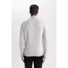 A5184 Gri Standart Fit Normal Kesim Bato Yaka Fermuarlı Basic Düz Triko Kazak