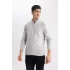 A5184 Gri Standart Fit Normal Kesim Bato Yaka Fermuarlı Basic Düz Triko Kazak