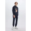 B0410 Kapüşonlu Baskılı Sweatshirt Beli Paçası Lastikli Eşofman Altı 2li Takım