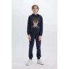 B0410 Kapüşonlu Baskılı Sweatshirt Beli Paçası Lastikli Eşofman Altı 2li Takım