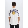 B3894 DeFactoFit NBA Los Angeles Lakers Oversize Geniş Kalıp Bisiklet Yaka Kısa Kollu Tişört
