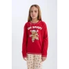 B4807 Yılbaşı Temalı Bisiklet Yaka Uzun Kollu Üst Uzun Alt Pijama Takımı