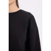 B8568 Siyah Boxy Fit Bisiklet Yaka Kalın Basic Düz Sweatshirt