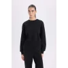 B8568 Siyah Boxy Fit Bisiklet Yaka Kalın Basic Düz Sweatshirt
