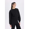 B8568 Siyah Boxy Fit Bisiklet Yaka Kalın Basic Düz Sweatshirt