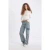 C7325 Wide Leg Kargo Yüksek Bel Uzun Jean Yıkamalı Pantolon