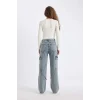 C7325 Wide Leg Kargo Yüksek Bel Uzun Jean Yıkamalı Pantolon