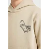 C7560 Bej Yazılı Baskılı Cepli Kapüşonlu Kalın Okul Sweatshirt