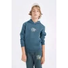 C7560 Koyu Yeşil Yazı Baskılı Cepli Kapüşonlu Kalın Okul Sweatshirt