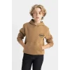 C7567 Kahverengi Cepli Yazı Baskılı Kapüşonlu Kalın Okul Sweatshirt