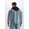 D0417 Oversize Geniş Kalıp Kapüşonlu Düğmeli Jean Ceket