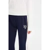 D0735 Baskılı Beli Paçası Lastikli Lacivert Jogger Eşofman Altı