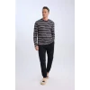 D0942 Regular Fit Bisiklet Yaka Çizgili Uzun Kollu Üst Uzun Alt Pijama Takımı