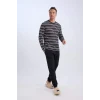 D0942 Regular Fit Bisiklet Yaka Çizgili Uzun Kollu Üst Uzun Alt Pijama Takımı